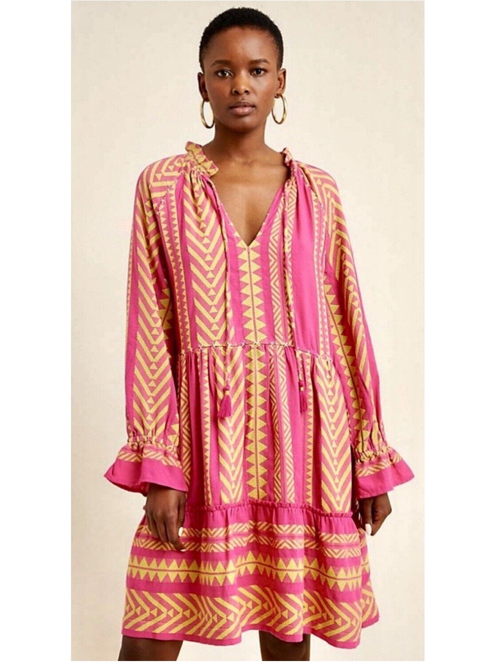 Maeve Anthropologie Dominique Tunic Dress in Pink and Yellow Aztec Women’s Small